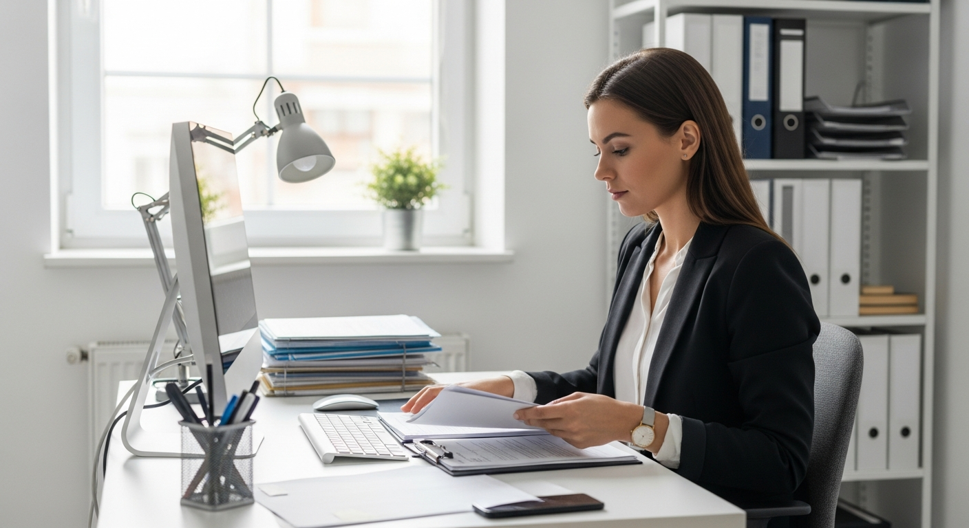 Uma mulher organiza documentos em um pequeno escritório.