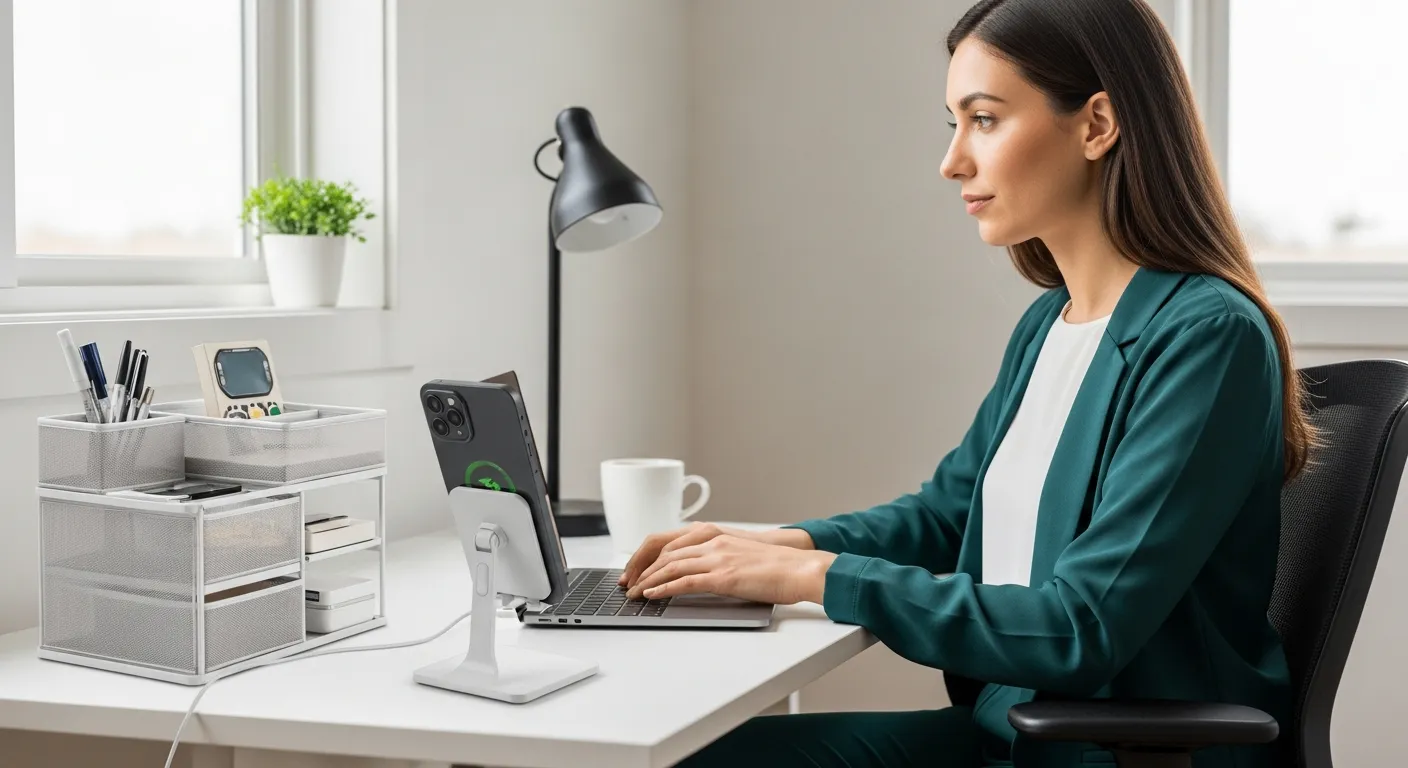 Uma mulher trabalha em um escritório pequeno com acessórios multifuncionais.