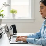 Uma mulher trabalha em um pequeno escritório doméstico com acessórios multifuncionais.