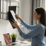 Uma mulher organiza arquivos e documentos em um pequeno escritório.