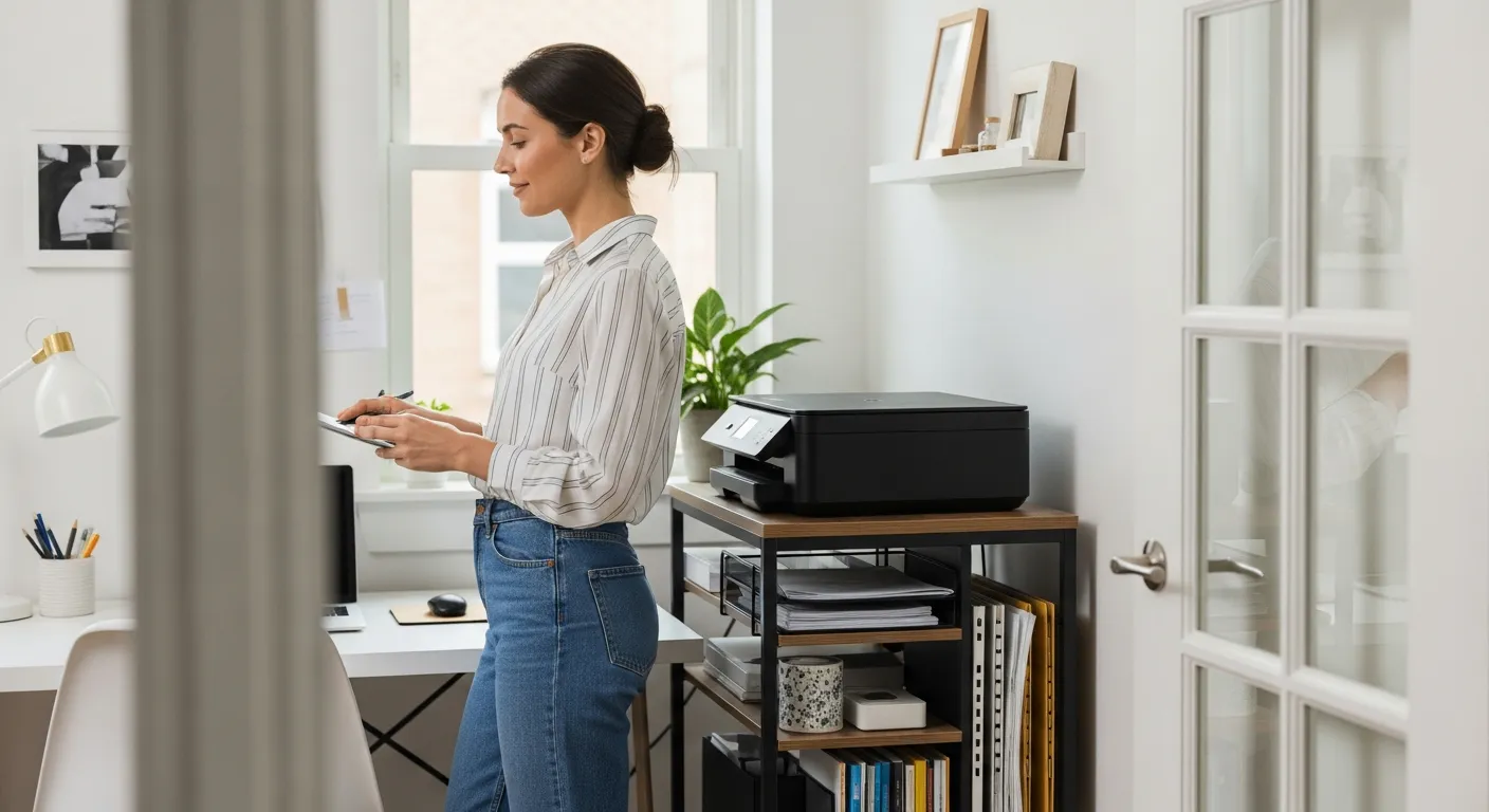 Woman organizing her home office next to a printer stand with storage.