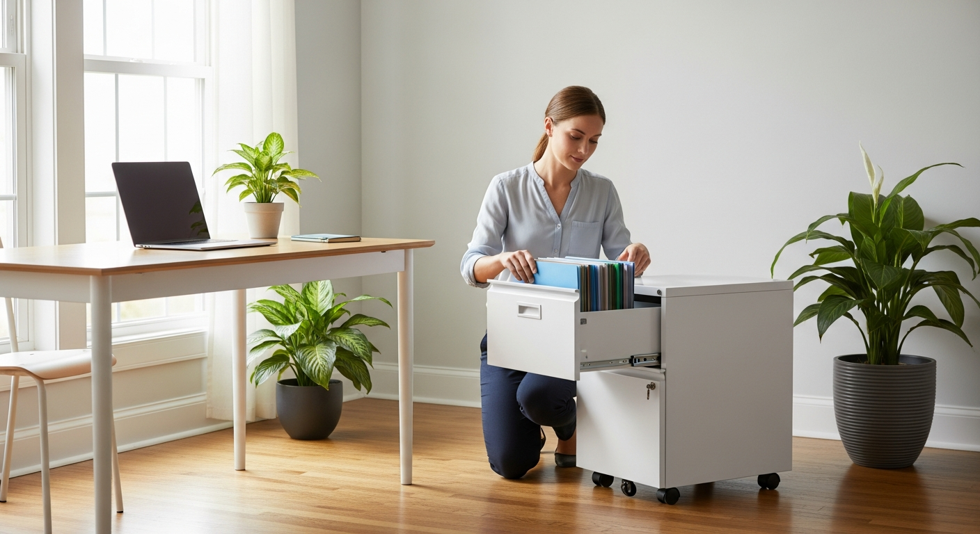 Woman organizing files in a small rolling filing cabinet in a home office.