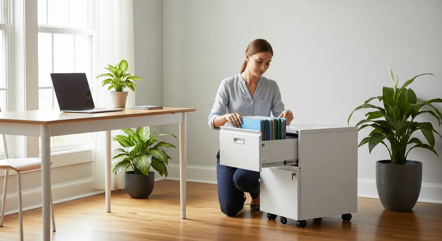 Woman organizing files in a small rolling filing cabinet in a home office.