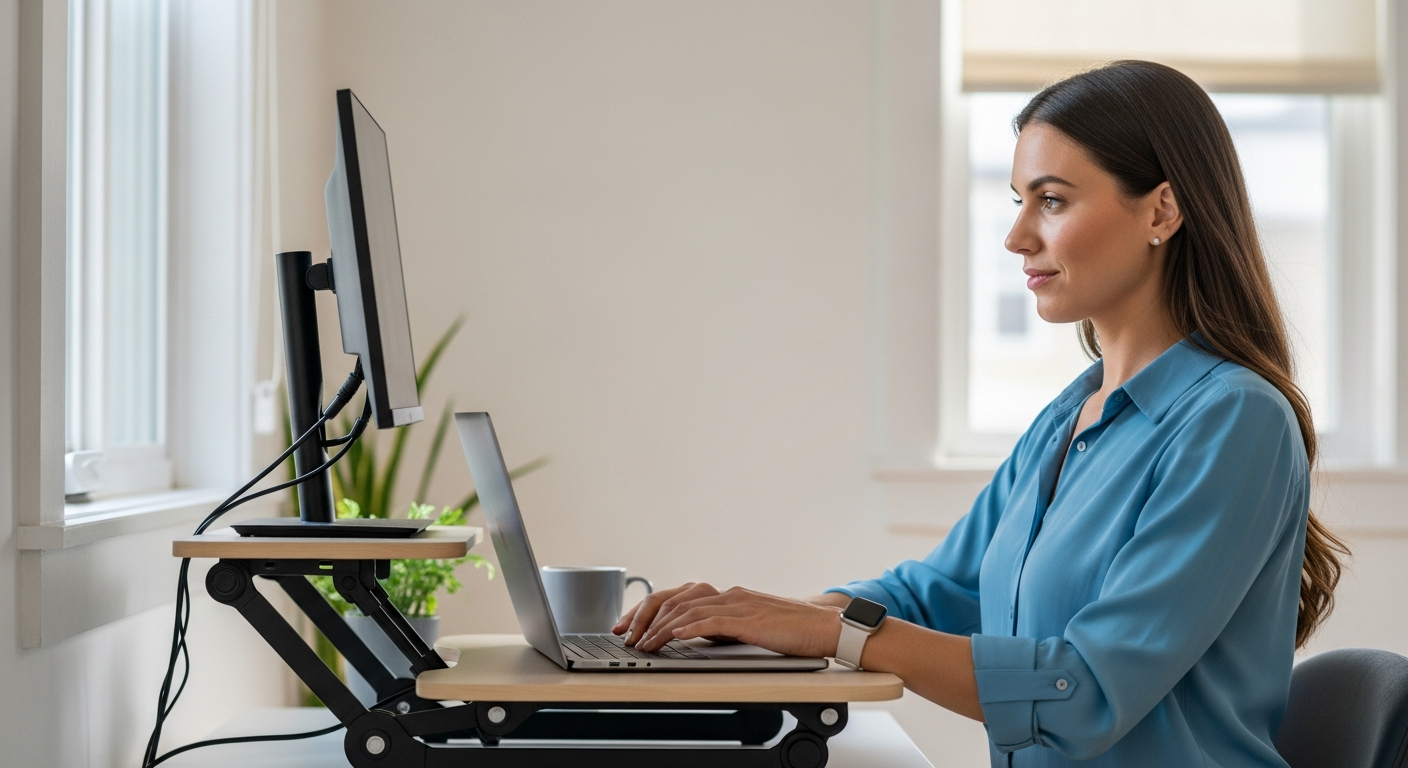 Woman working at a standing desk converter in her home office.