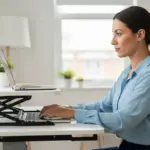Woman working at a desk with a standing desk converter.