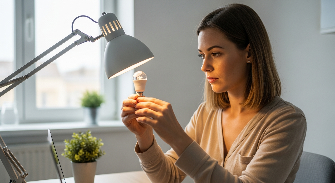 Woman installing a smart light bulb in her home office desk lamp.