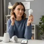 Woman holding a smart bulb in her home office, preparing to set it up with her smart lamp.