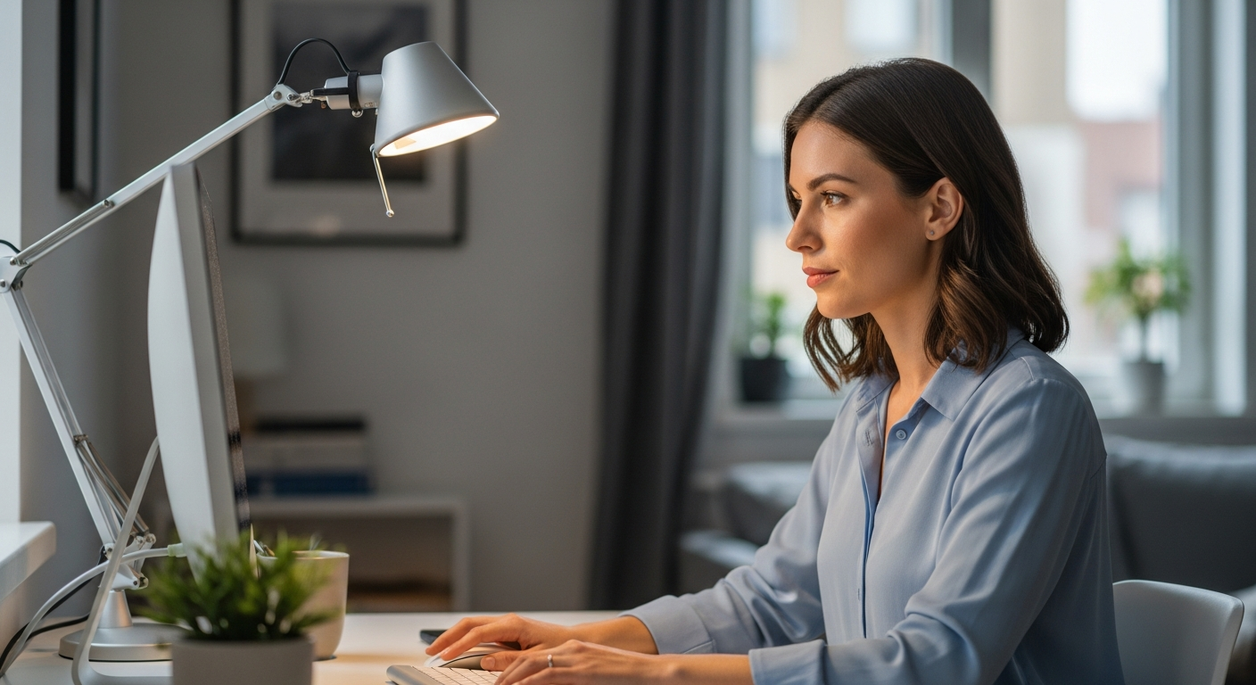 Woman working at her home office desk with a task lamp providing light.