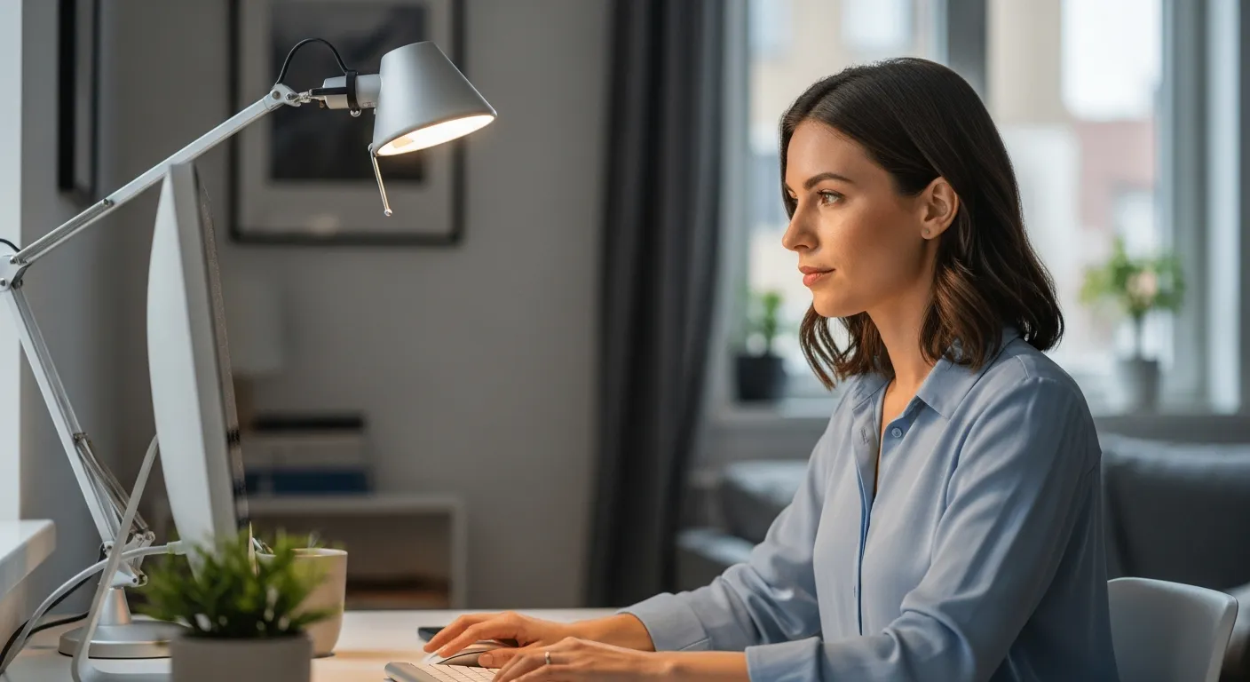Woman working at her home office desk with a task lamp providing light.