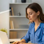 Una mujer trabaja en su computadora portátil en un escritorio con una lámpara de escritorio.