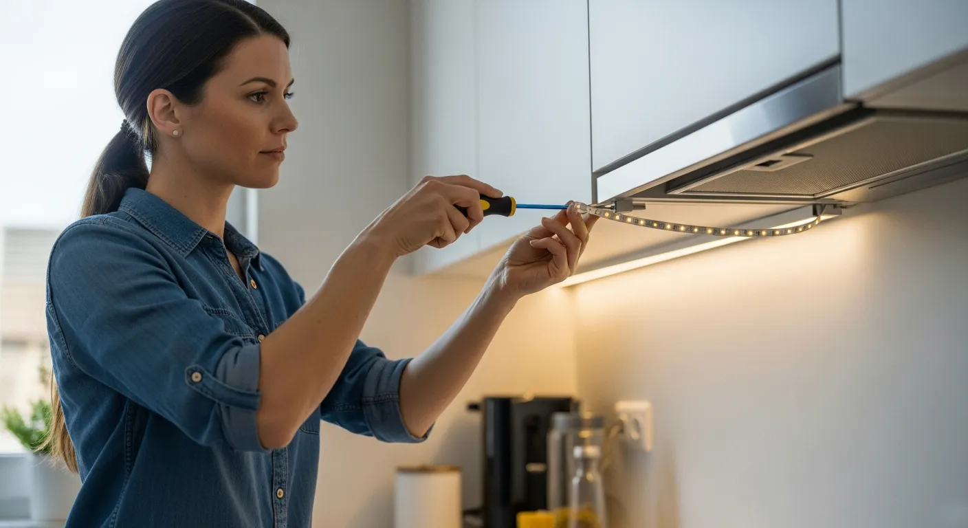 Woman installing LED lights under a kitchen cabinet.
