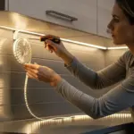 Una mujer instala luces LED debajo de un gabinete de cocina.