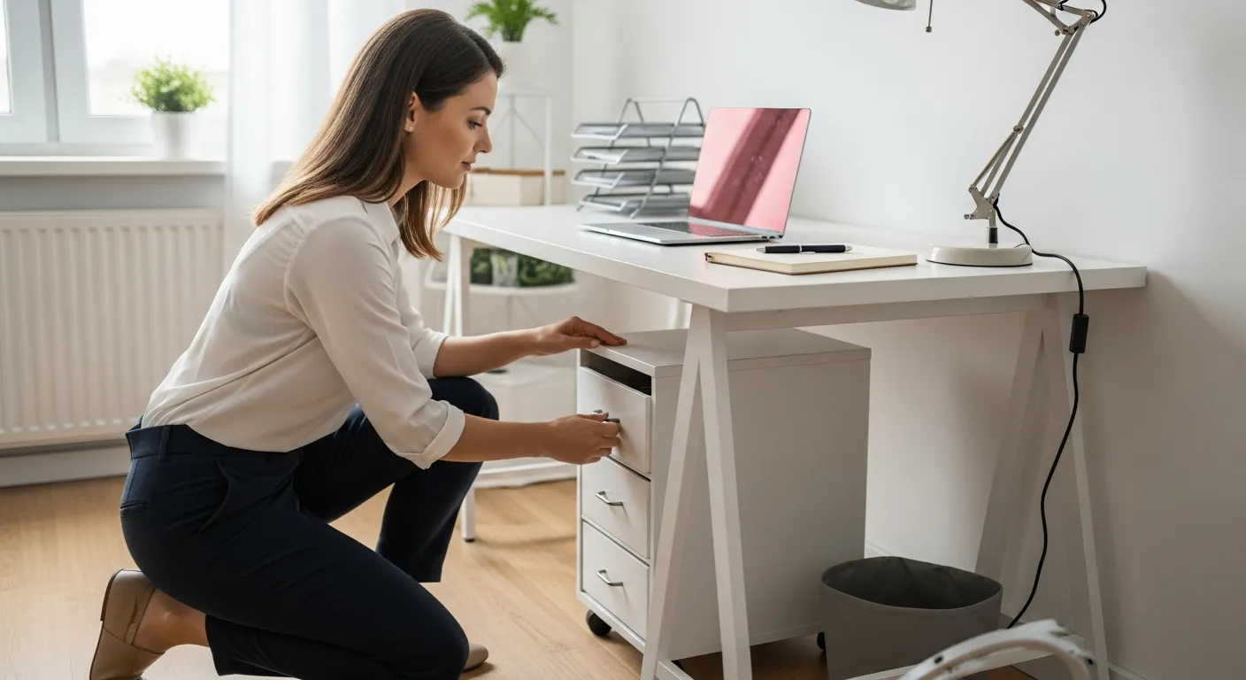 Uma mulher organiza gavetas de armazenamento embaixo da mesa do escritório.