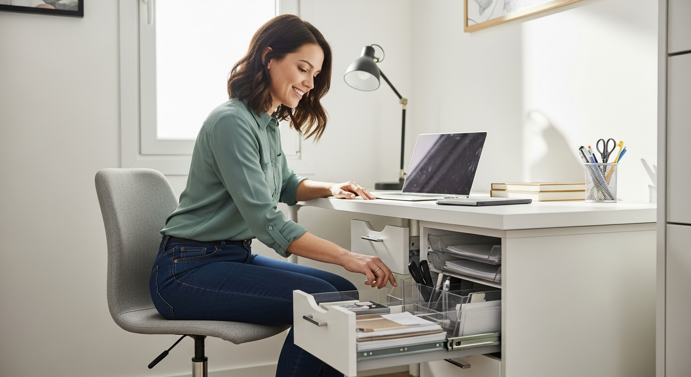Woman accessing storage drawers under her desk in a small office.