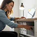 Woman reaching under her desk to access storage in a small office.