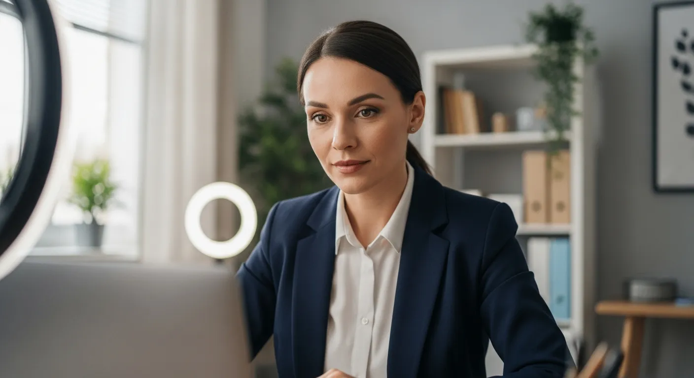 Woman participating in a video conference in a well-lit home office.