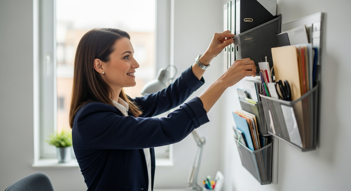 Woman organizing files on a wall-mounted organizer in a small office.