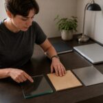 Person in a small home office compares glass, wood, and metal desk surface samples on a compact desk.
