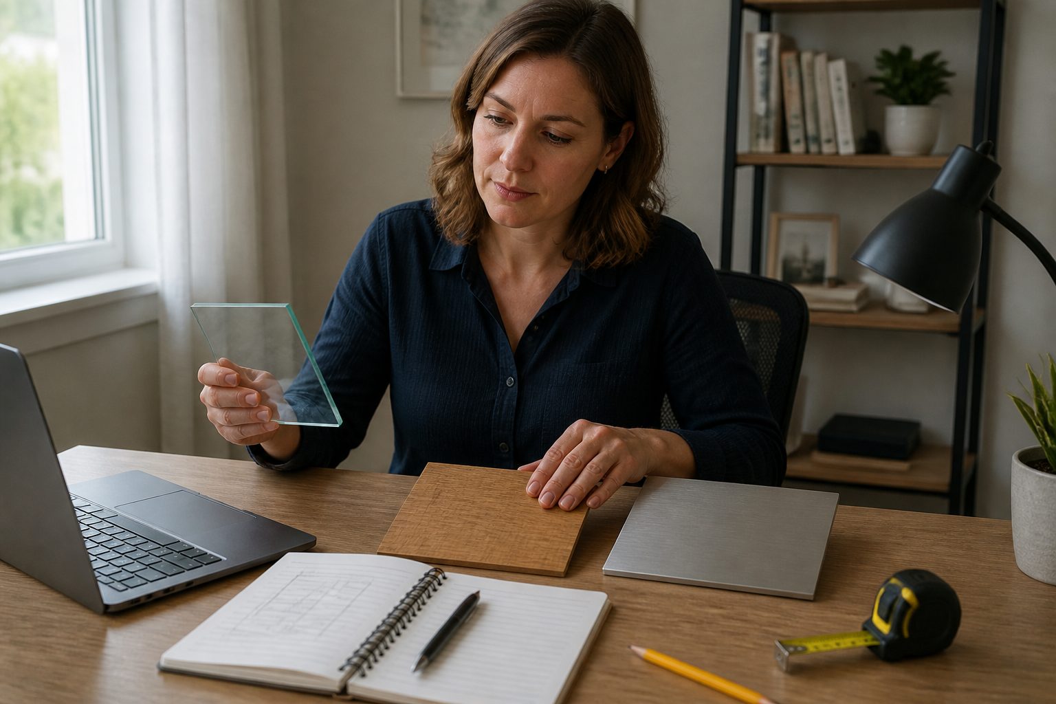 A woman in a small home office compares glass, wood, and metal desk surface samples on a compact desk.