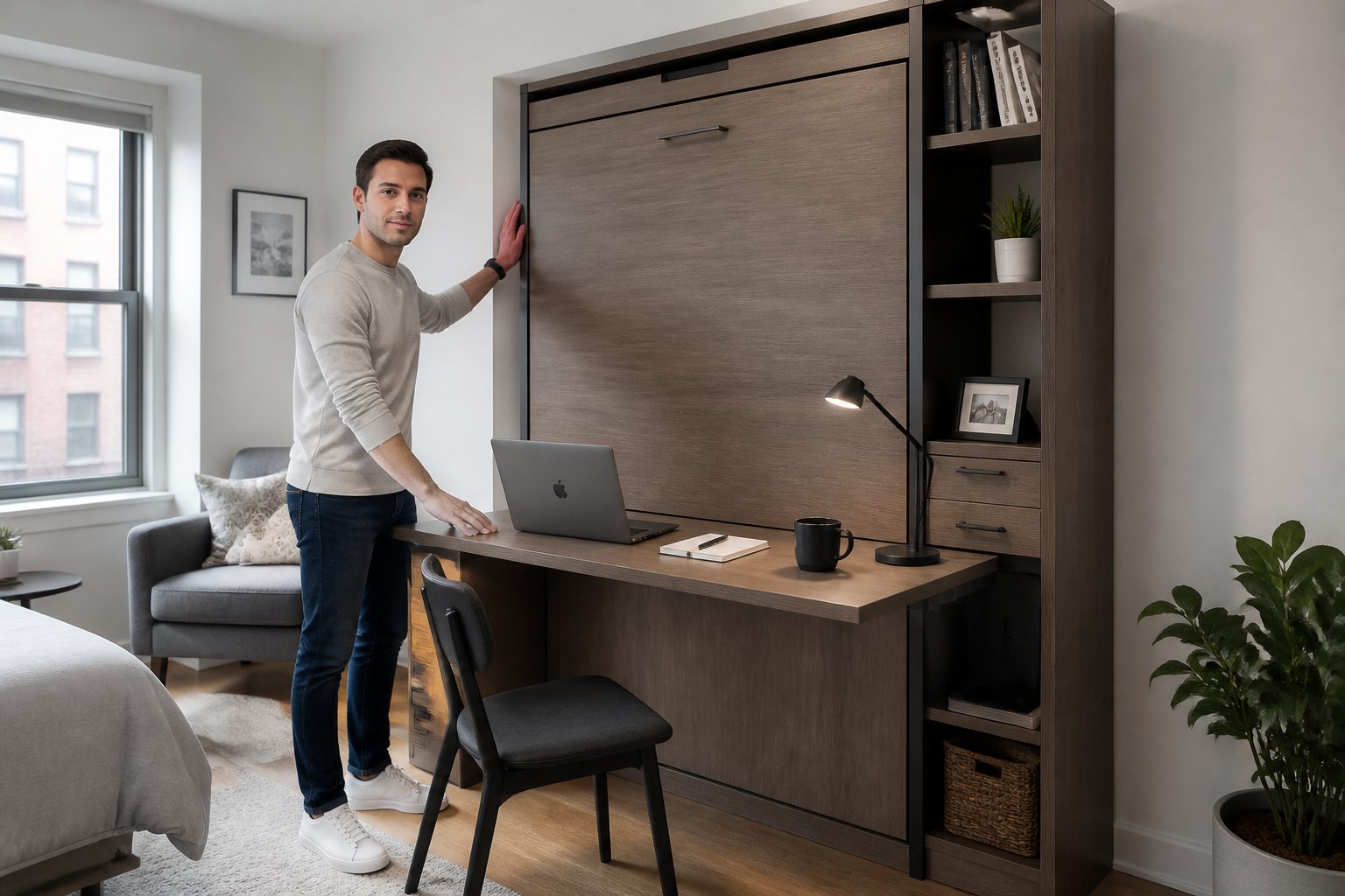 A person demonstrates a Murphy bed desk combo in a studio apartment, using the desk with a laptop while the bed folds up into the wall behind it.