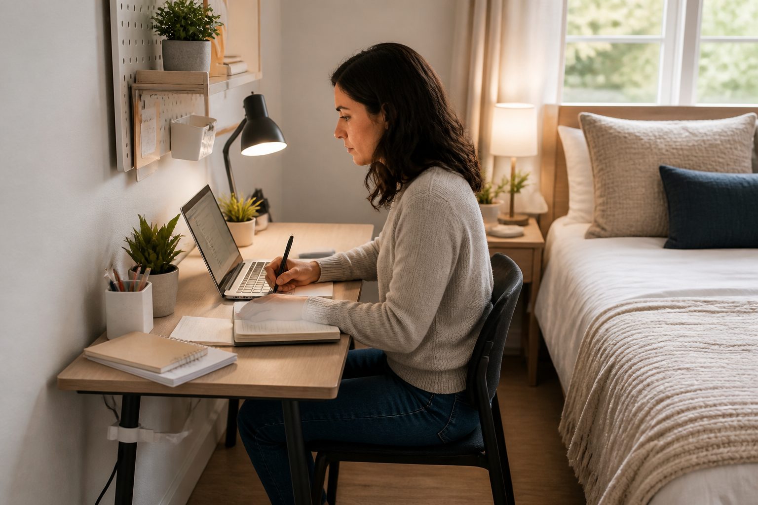Woman working on a laptop and writing in a notebook at a narrow writing desk set up in a small bedroom beside the bed