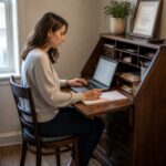 Woman working at a classic secretary desk in a small home office corner with the drop front open and a laptop on the writing surface.