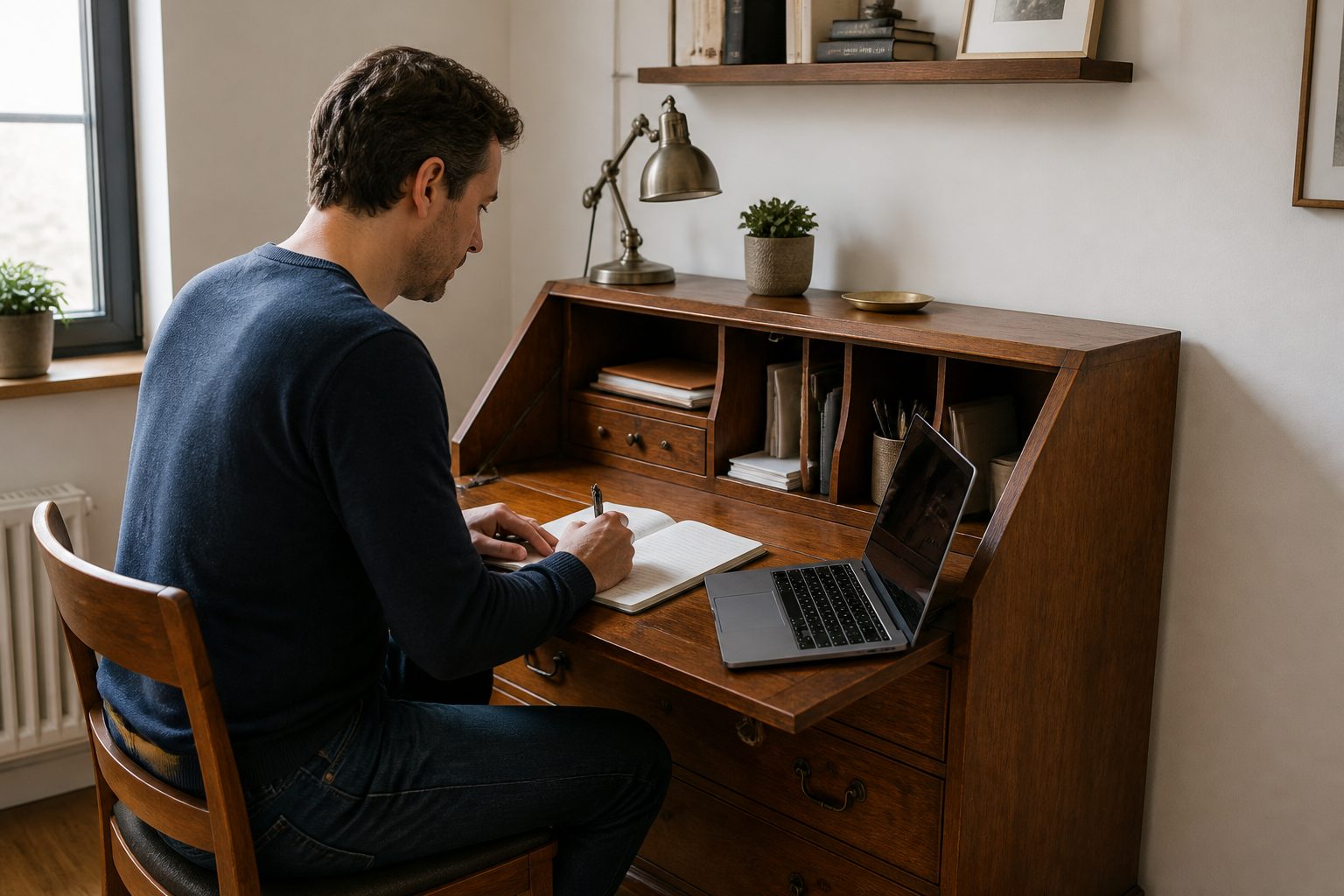 A woman works at an open secretary desk in a small home office corner with a laptop and notebook on the fold down writing surface.