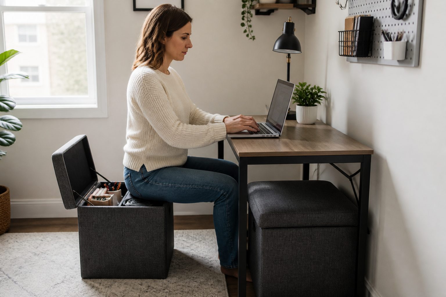 Woman sitting at a small home office desk on a storage ottoman with the lid open showing organized office supplies inside.