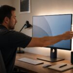 A person adjusts an LED bias light strip behind a computer monitor in a small home office, creating a soft glow on the wall.