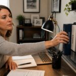 Woman at a small home office desk reaching for a reference book from a nearby shelf beside her laptop.