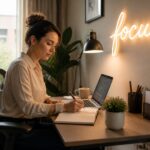 A woman works at a tidy small home office desk while a decorative LED neon sign glows on the wall behind her.
