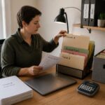 Freelancer organizing client folders and project documents at a small home office desk