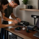 A man and a woman organize a charging station hub on a small home office desk with multiple devices charging in one spot.