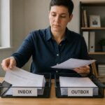 A professional sorts project papers into labeled inbox and outbox trays on a small home office desk.