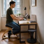 A person works at a compact desk while sitting on a kneeling chair, with a balance stool nearby in a small home office.