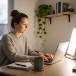Woman working on a laptop at a small home office desk while using a light therapy lamp for seasonal affective disorder