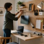 A person organizes a pegboard workstation wall with shelves, hooks, and a small desk to create a compact home office hub.