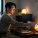 Office worker in a small home office reaching for a dawn light alarm clock while a sunrise simulator lamp glows on the desk.