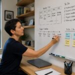A professional person writes a weekly plan on a whiteboard wall next to a small home office desk using a dry erase marker.